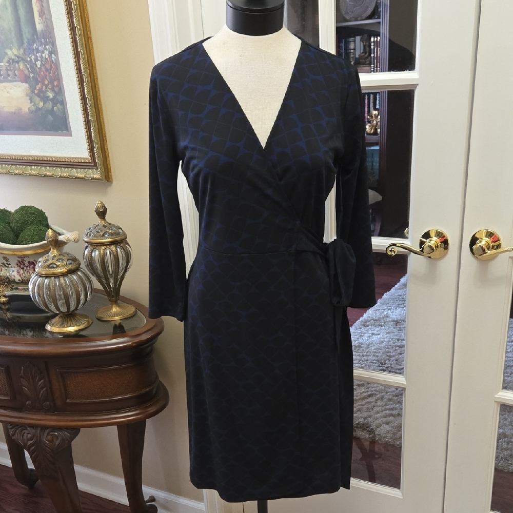 Ann Taylor Navy & Blue Geometric Long Sleeve Wrap Dress Tie Waist Size 6 NEW
